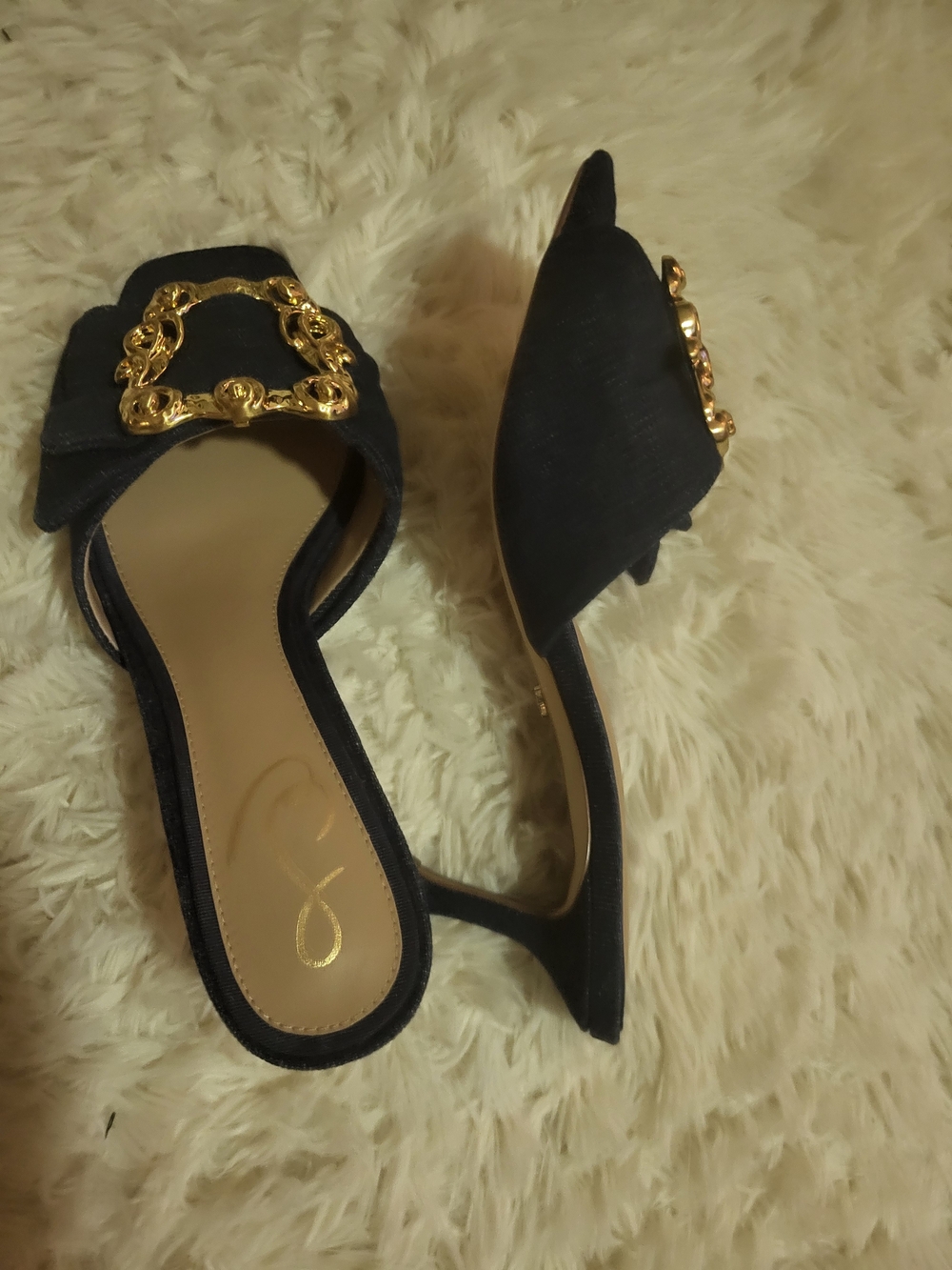 Womens Blue Slip-On Mules with Gold Decorative Buckle - Picture 4 of 6